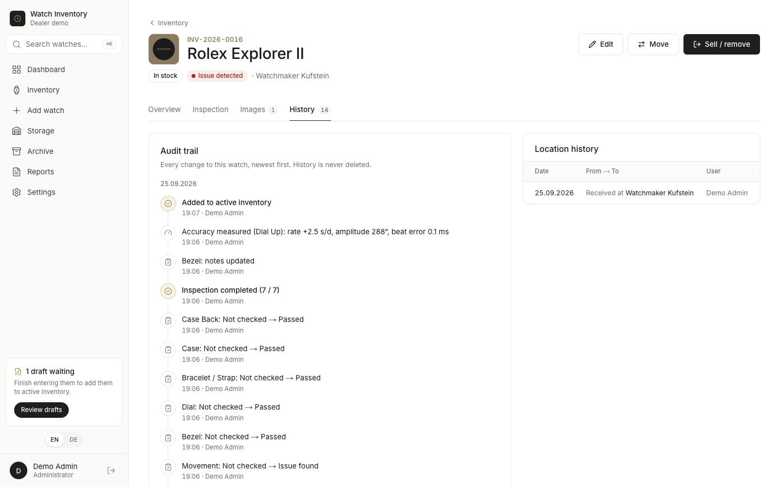 Audit trail listing every change to a watch with time and user