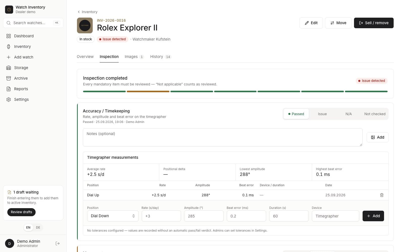 Inspection tab of a Rolex Explorer II with checklist and timegrapher measurements
