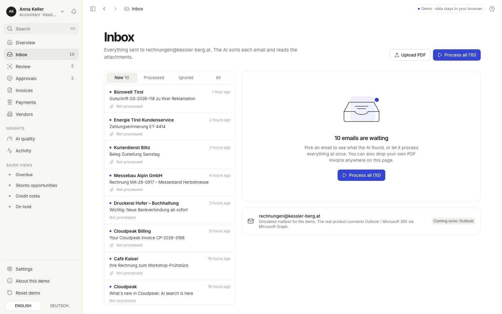 Simulierter Posteingang, in dem der Agent eingehende Mails sortiert