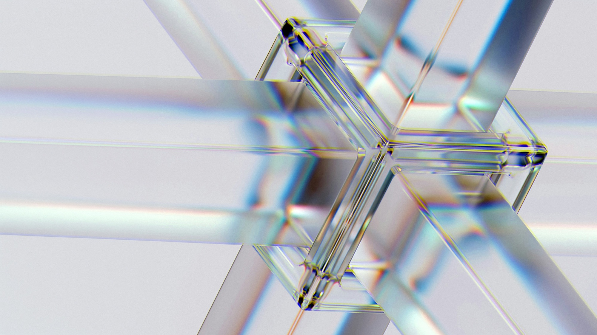 Abstract glass structure of crossing beams refracting light